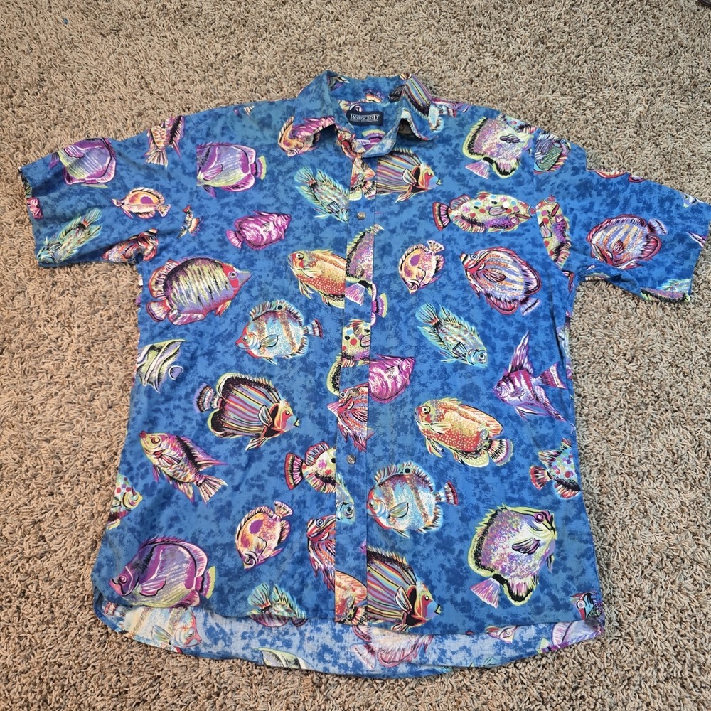 Lands End 100% Cotton Fish Print Short Sleeve Men's Shirt Sz M(15"-15.5"). USA